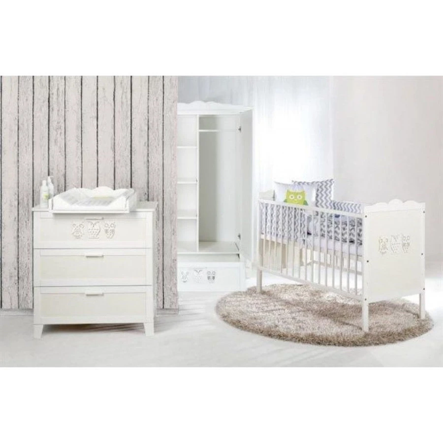 Babykamer Uil Wit: Ledikant, Commode En 2-Deurs Kast 1 Babykamer Uil Wit: Ledikant, Commode En 2-Deurs Kast